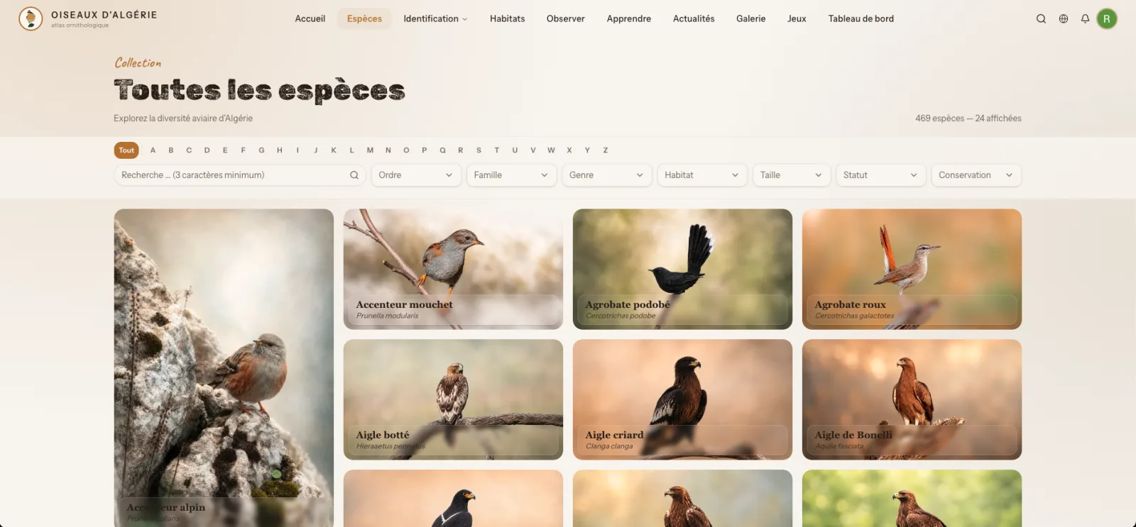 Aperçu de la page Espèces